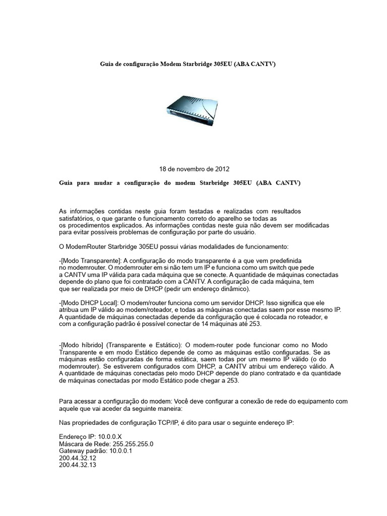 Configuração do Modem Starbridge 305EU | PDF | Endereço de IP | Rede de ...