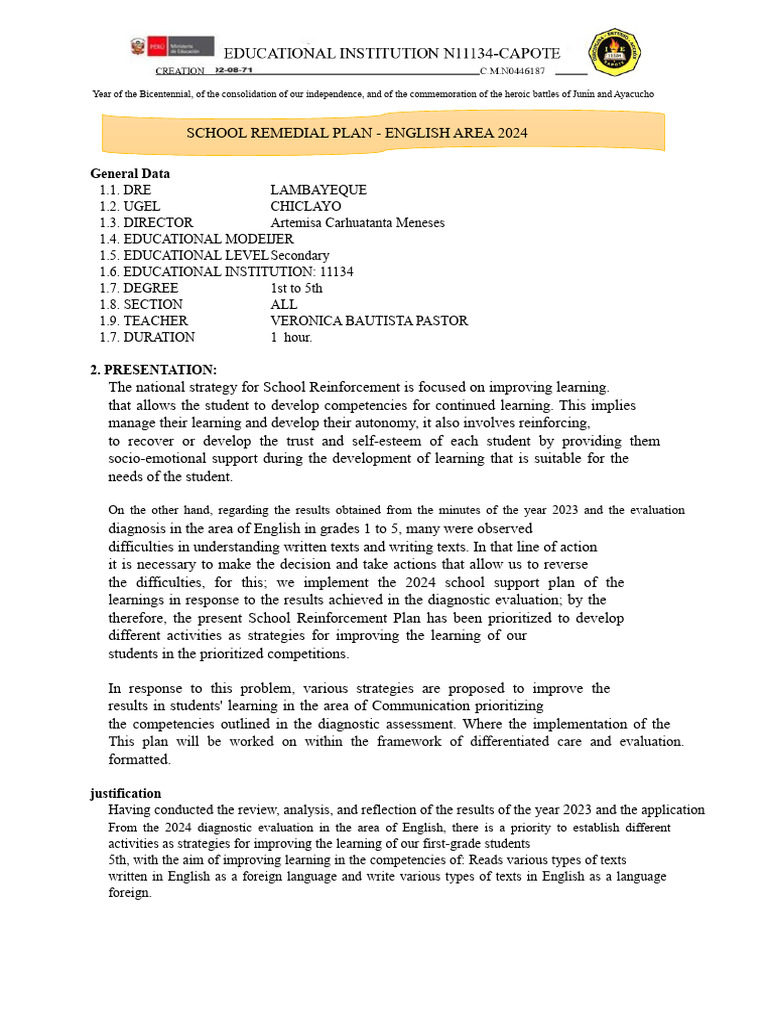 School Reinforcement Plan Communication Fifth 2024 | PDF | Learning ...