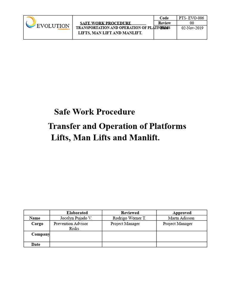 Safe Work Procedure for Lifts and Manlifts | PDF | Safety ...