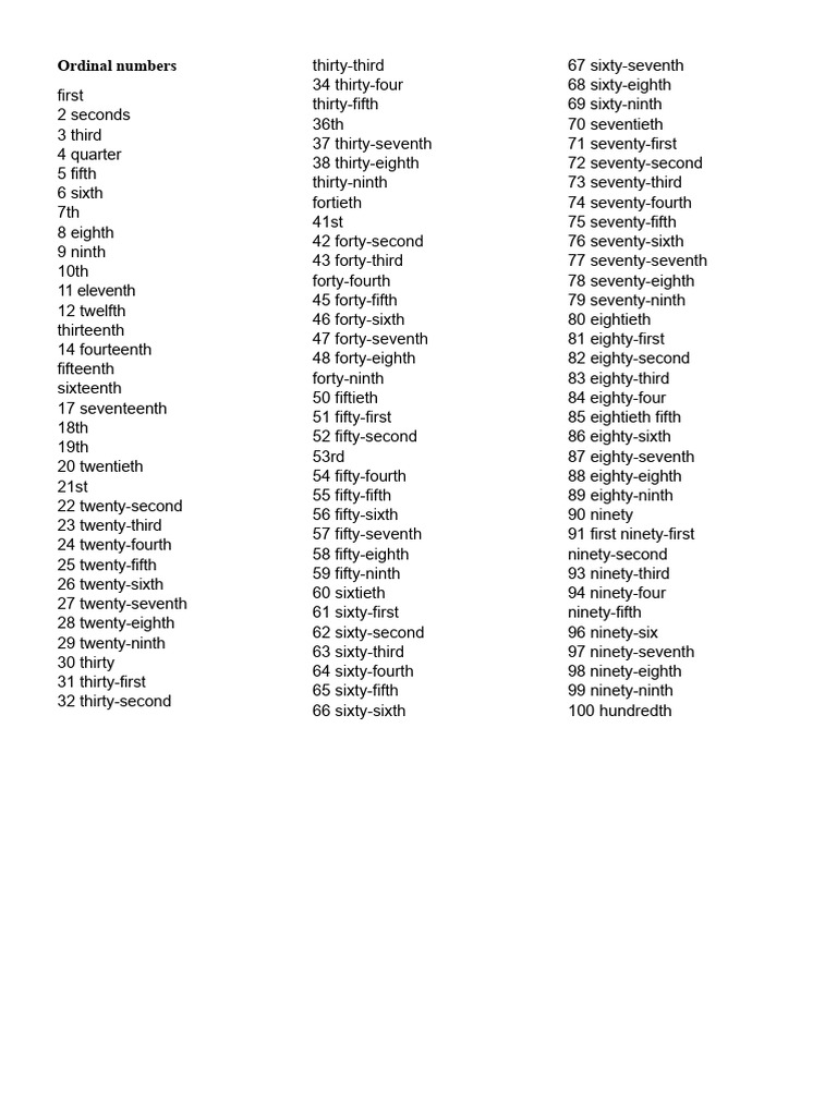 Ordinal Numbers From 1 To 100 | PDF
