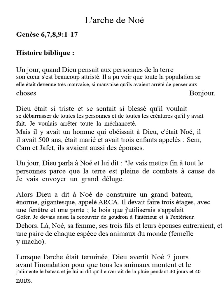 L'histoire de l'arche de Noé dans la Bible PDF Arche de Noé Noé — free download