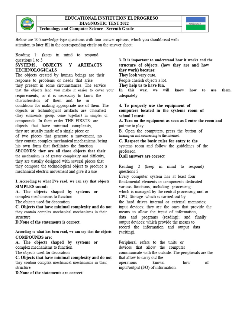 Seventh Grade Tech Diagnostic Test 2022 | PDF | Input/Output | Computer ...