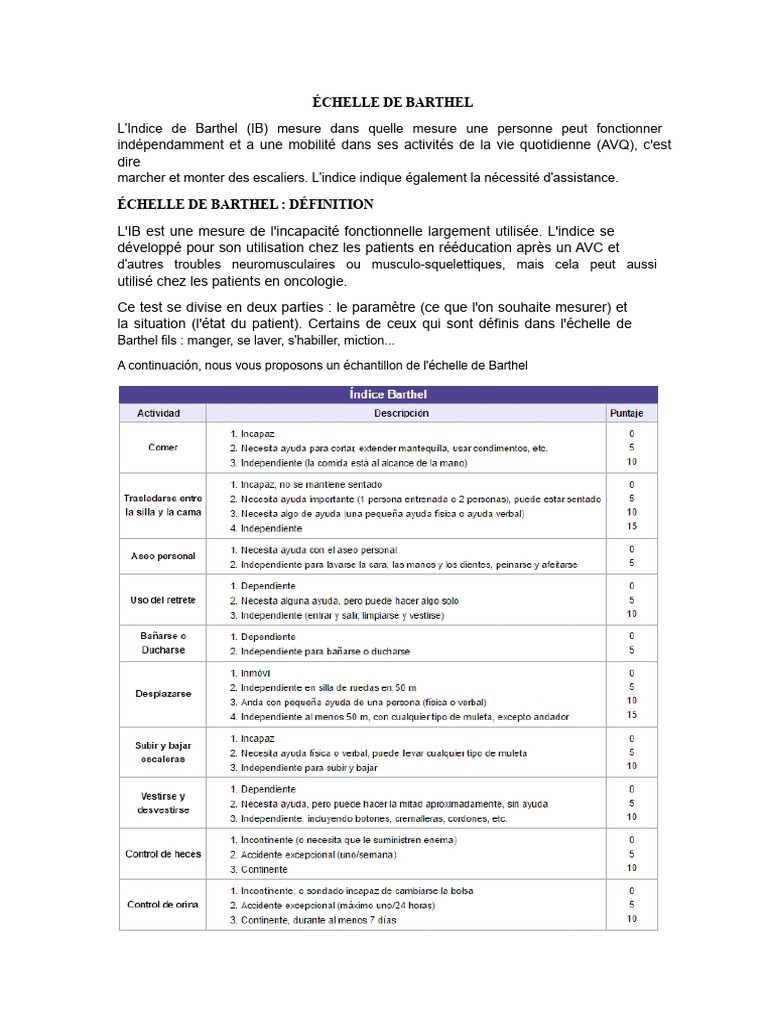 Échelle de Barthel : Indice d'indépendance | PDF | Invalidité ...