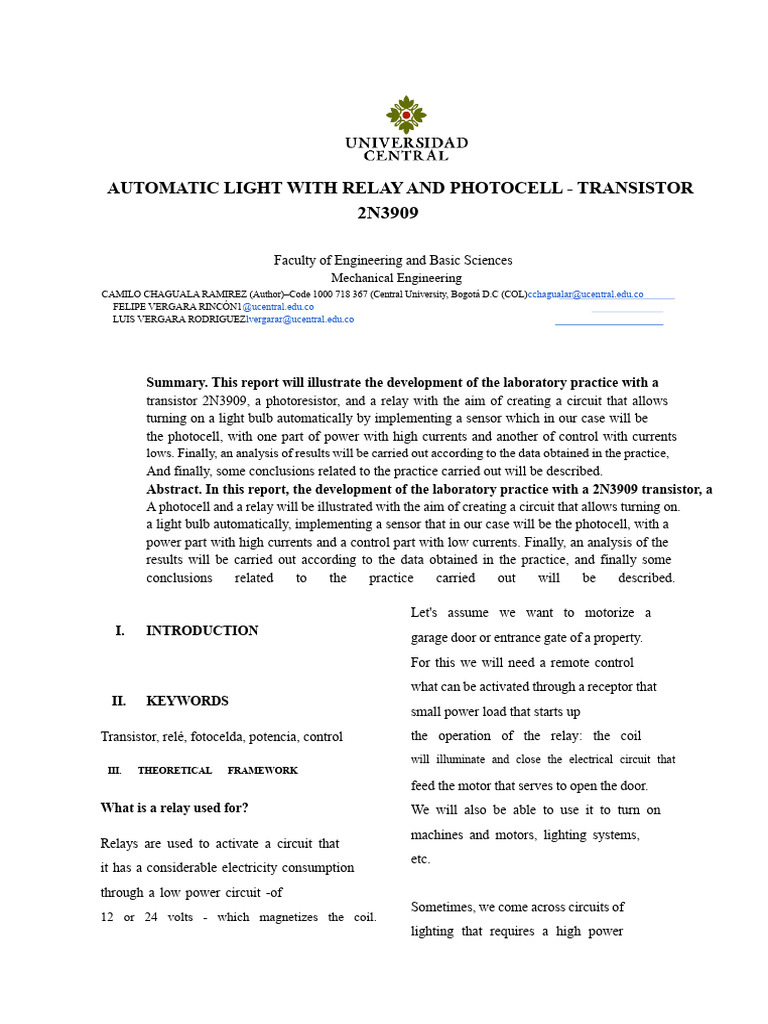Automatic Light Control with Relay and Photocell | PDF | Relay | Transistor