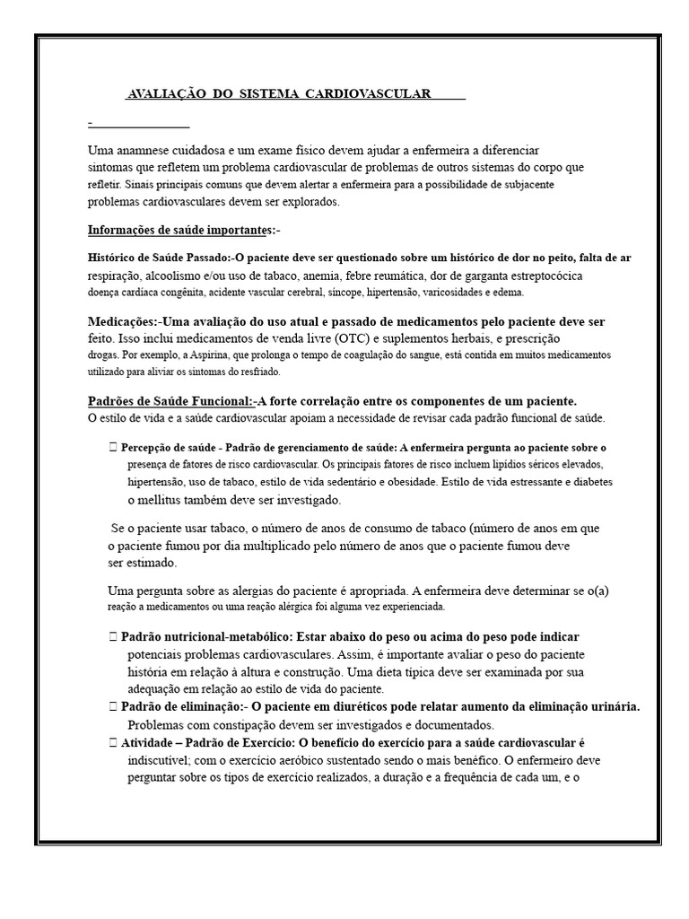 Avaliação do Sistema Cardiovascular | PDF | Coração | Pressão sanguínea