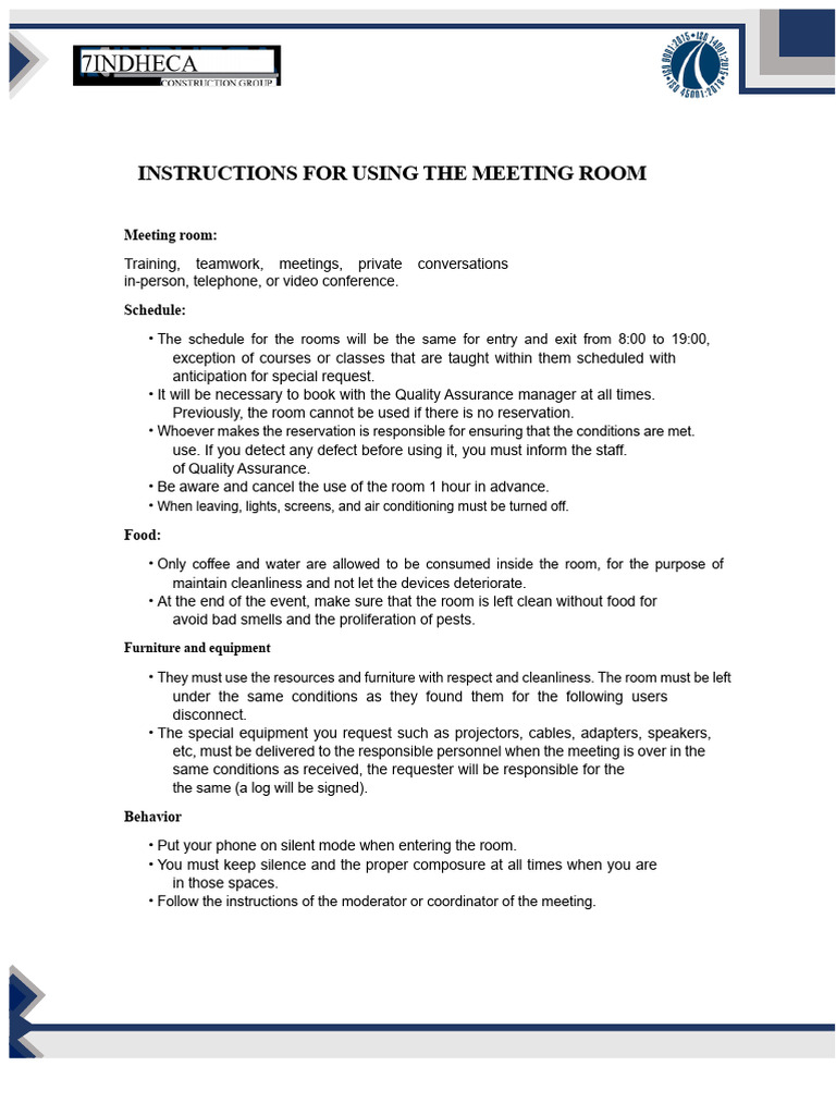 Instructions For Using The Meeting Room | PDF