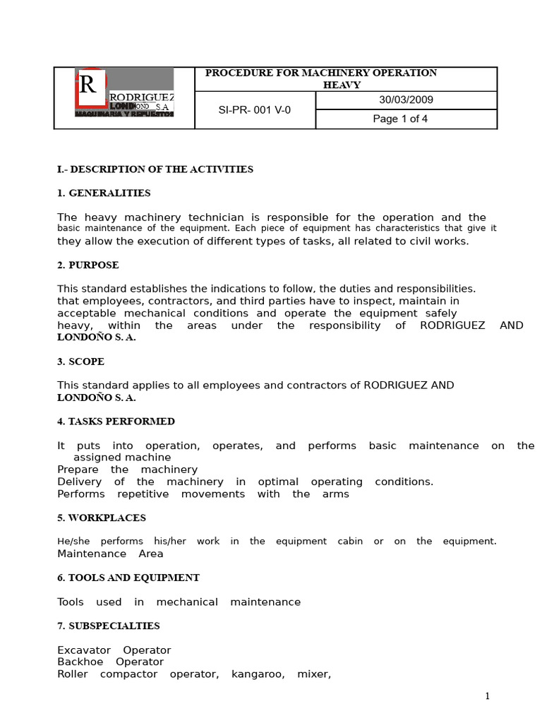 Safety Procedure For Heavy Machinery Operation | PDF | Personal ...