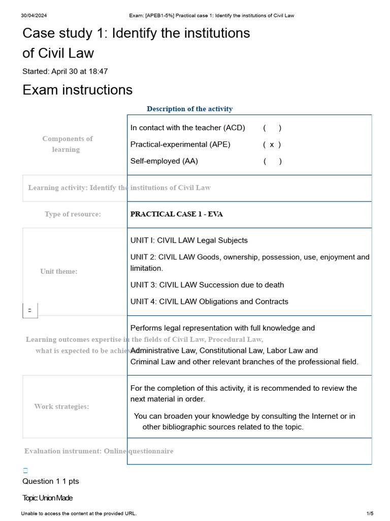 Exam - (APEB1-5%) Practical Case 1 - Identify The Institutions of Civil ...