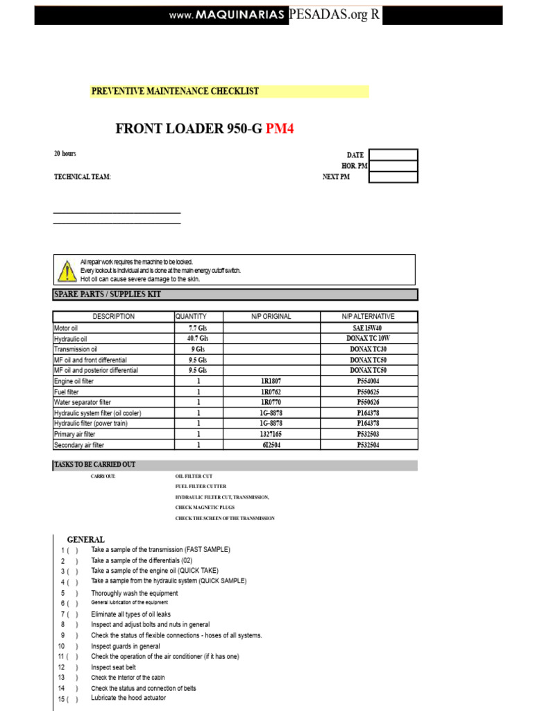 Front Loader 950-G Preventive Maintenance Checklist | PDF | Motor Oil ...