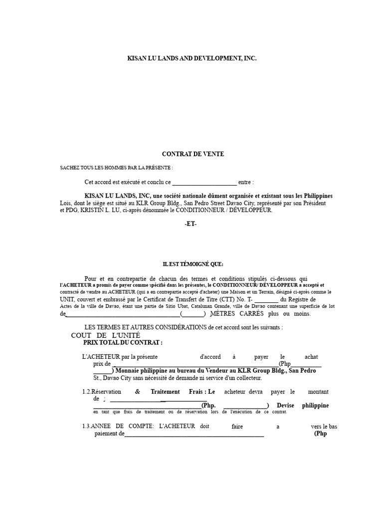 Contrat de Vente Maison et Terrain Davao | PDF | Sodles