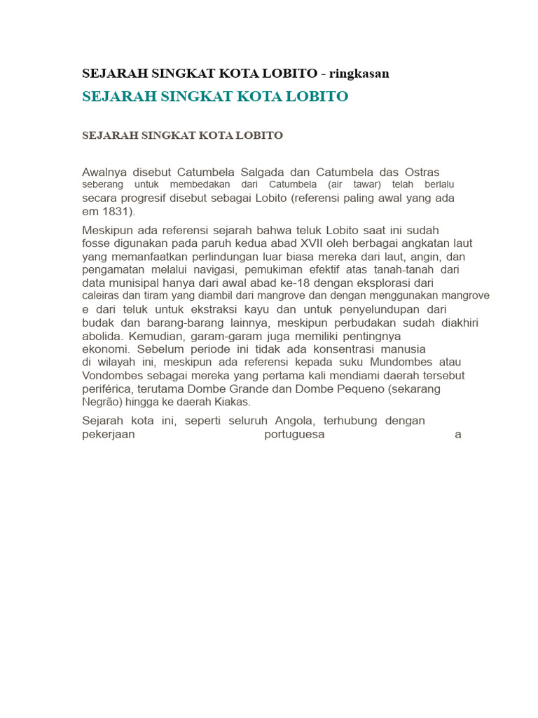 Sejarah Singkat Kota Lobito, Angola | PDF