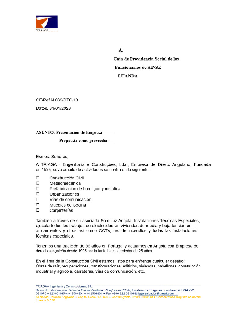 Propuesta de TRIAGA para Construcción en Angola | PDF | Angola
