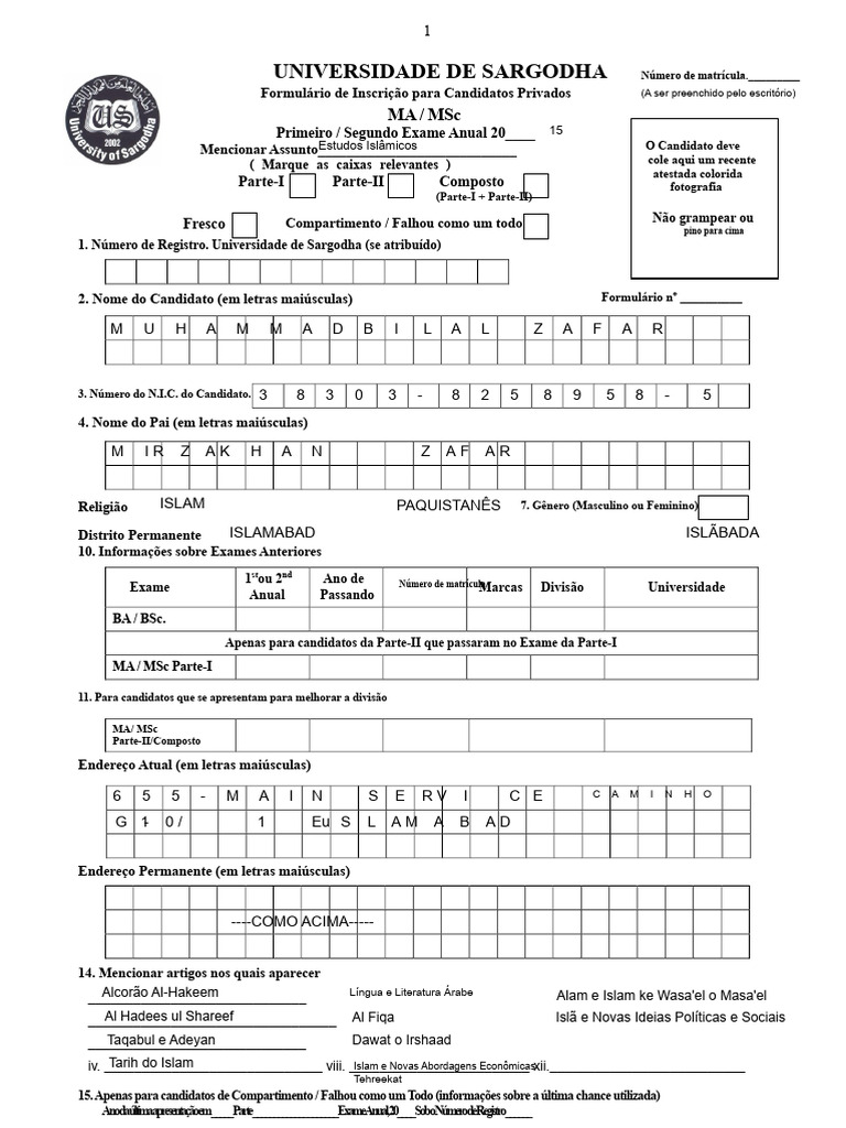 Formulário de Inscrição MA/MSc Sargodha | PDF