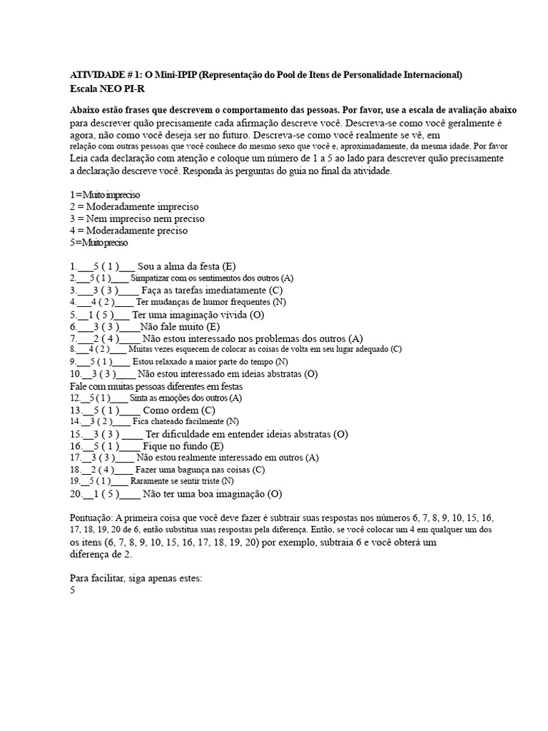 Avaliação de Personalidade Mini-IPIP | PDF | Extroversão e introversão ...