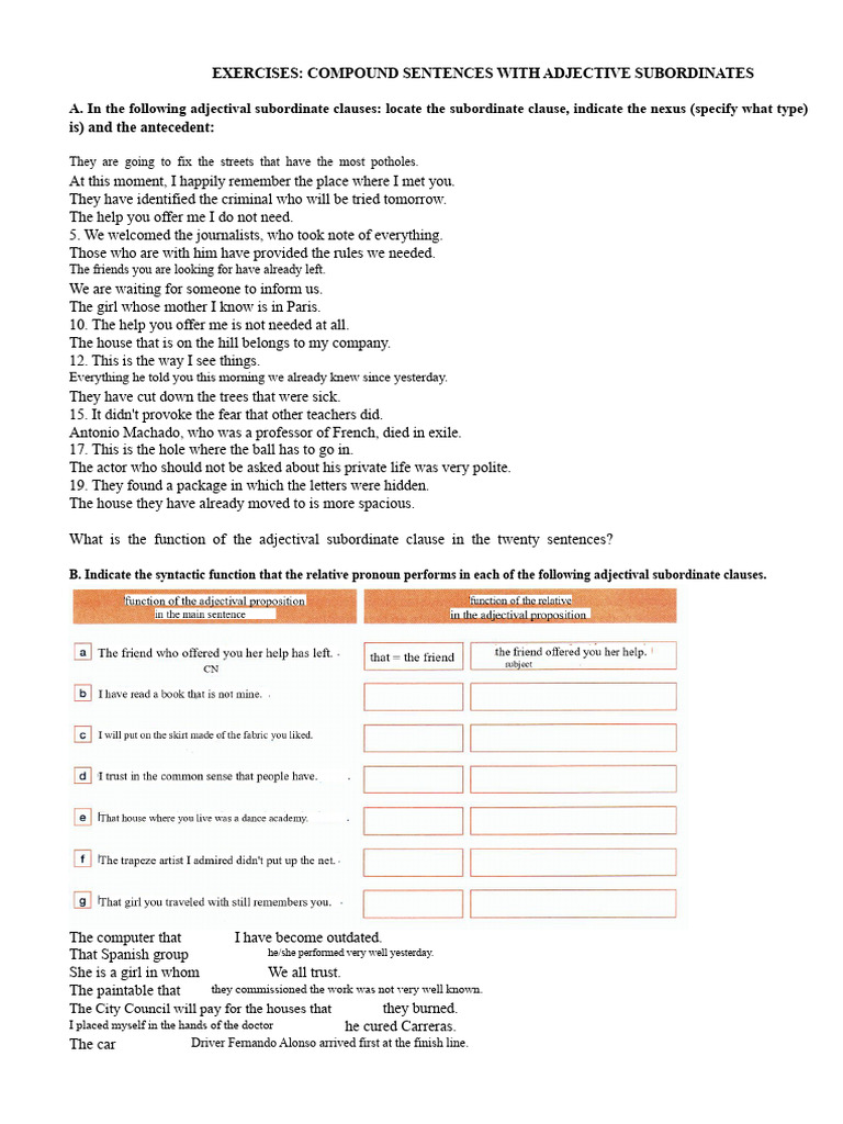 Adjectival Subordinate Exercises | PDF | Adjective | Clause