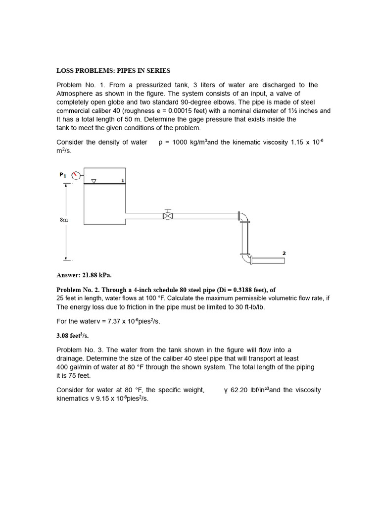 Pipe Flow Loss Calculations and Solutions | PDF | Pressure | Valve
