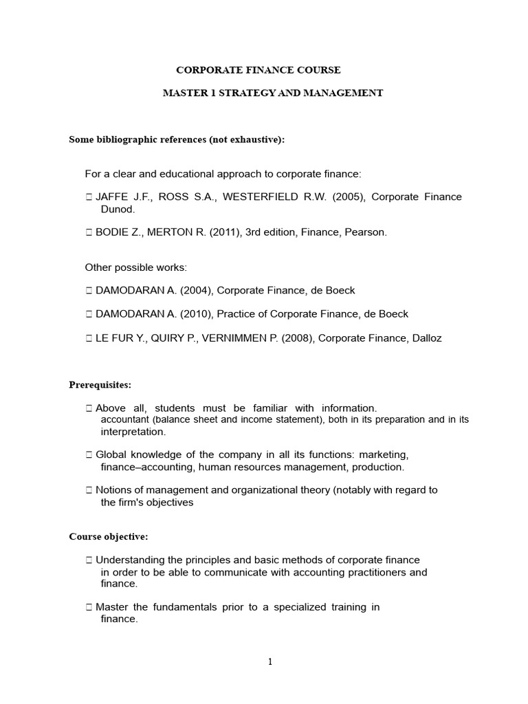 Corporate Finance Course Overview | PDF | Equity (Finance) | Debt