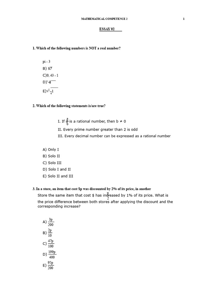 Mathematical Competence Assessment Questions | PDF | Numbers | Mathematics