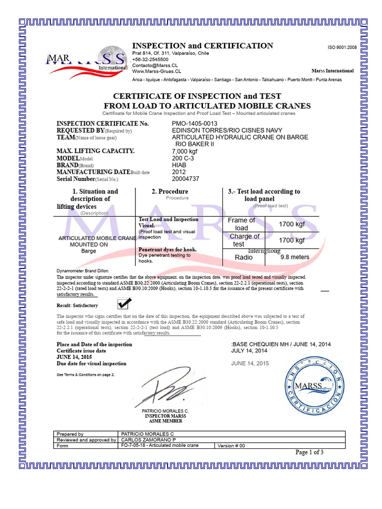Mobile Crane Inspection Certificate | PDF | Crane (Machine)