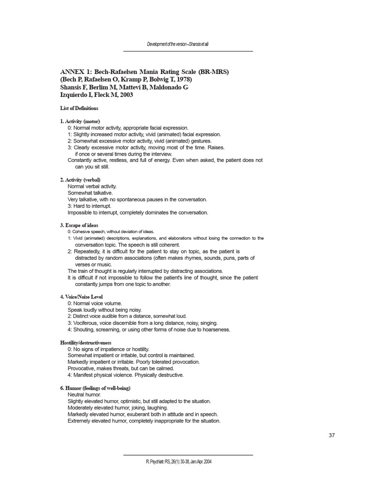 Bech-Rafaelsen Mania Scale (BRMS) | PDF | Mania | Motivation