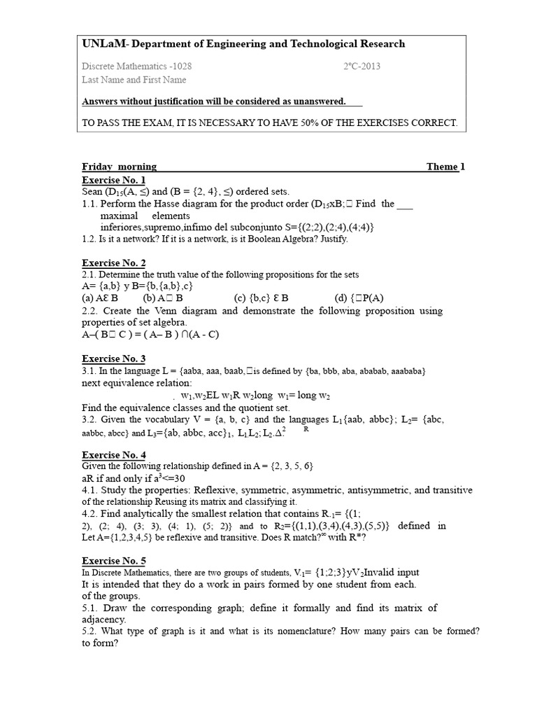 Discrete Mathematics Exercises - UNLaM | PDF | Algebra | Abstract Algebra