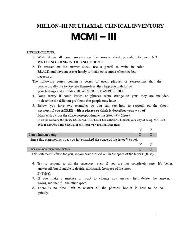 MILLON-III Clinical Inventory Instructions | PDF | Thought | Mind