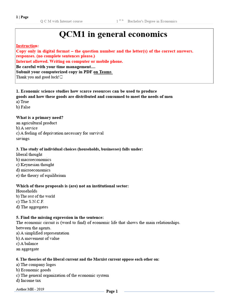 Economics QCM Exam Questions | PDF | Economics | Inflation