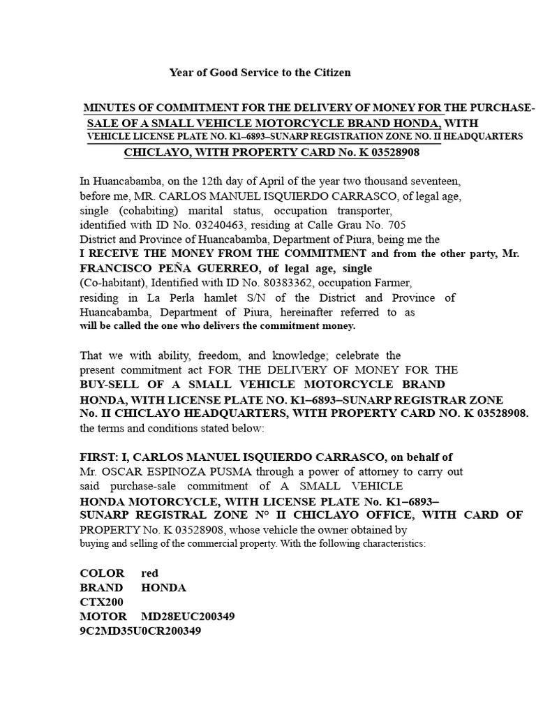 Commitment for Vehicle Purchase Agreements | PDF | Vehicle Registration ...