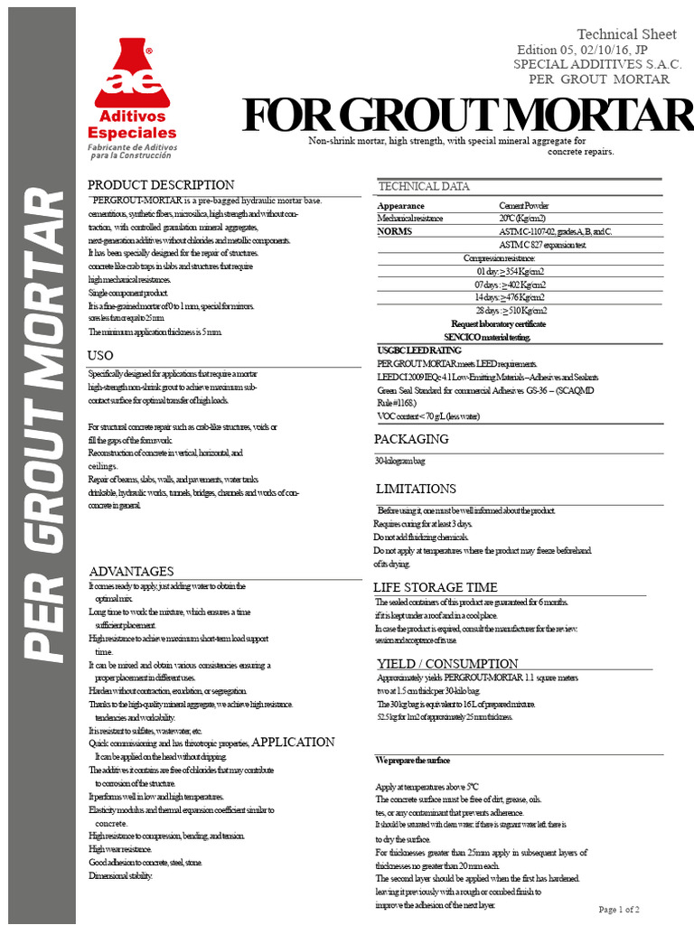 Per Grout Mortar Technical Specifications | PDF | Concrete | Mortar ...
