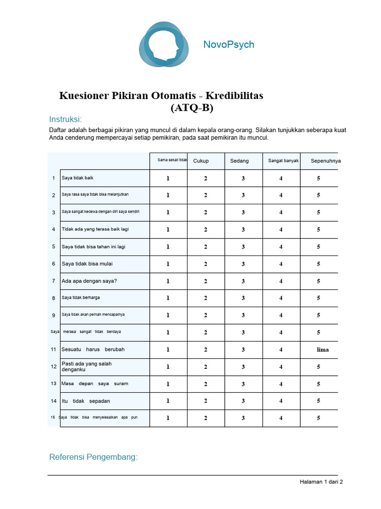 Kuesioner Pikiran Otomatis ATQ-B | PDF