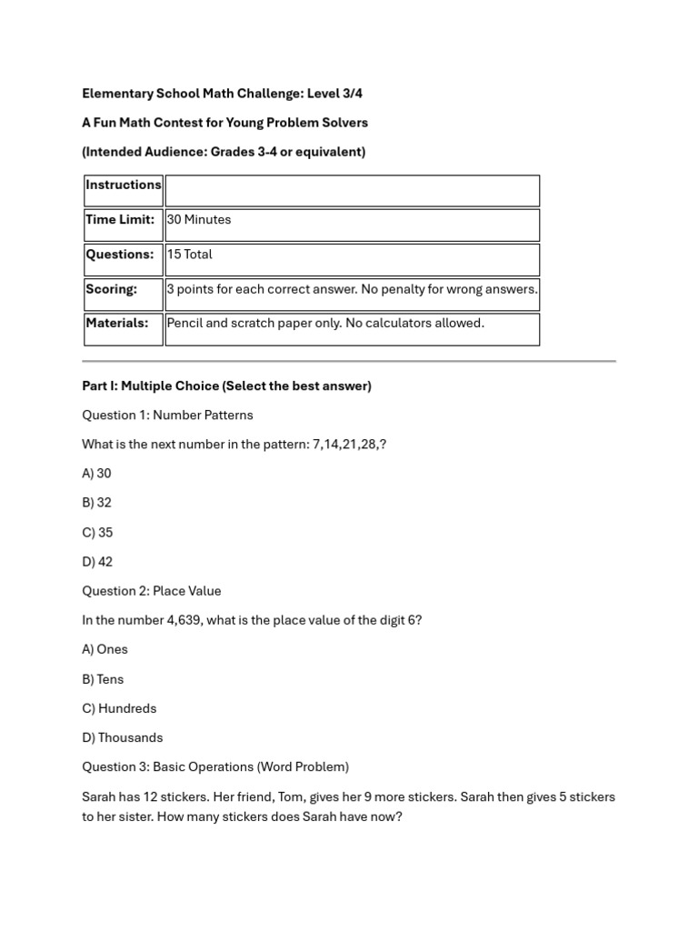 Level 3/4 Math Challenge for Kids | PDF | Numbers | Mathematics