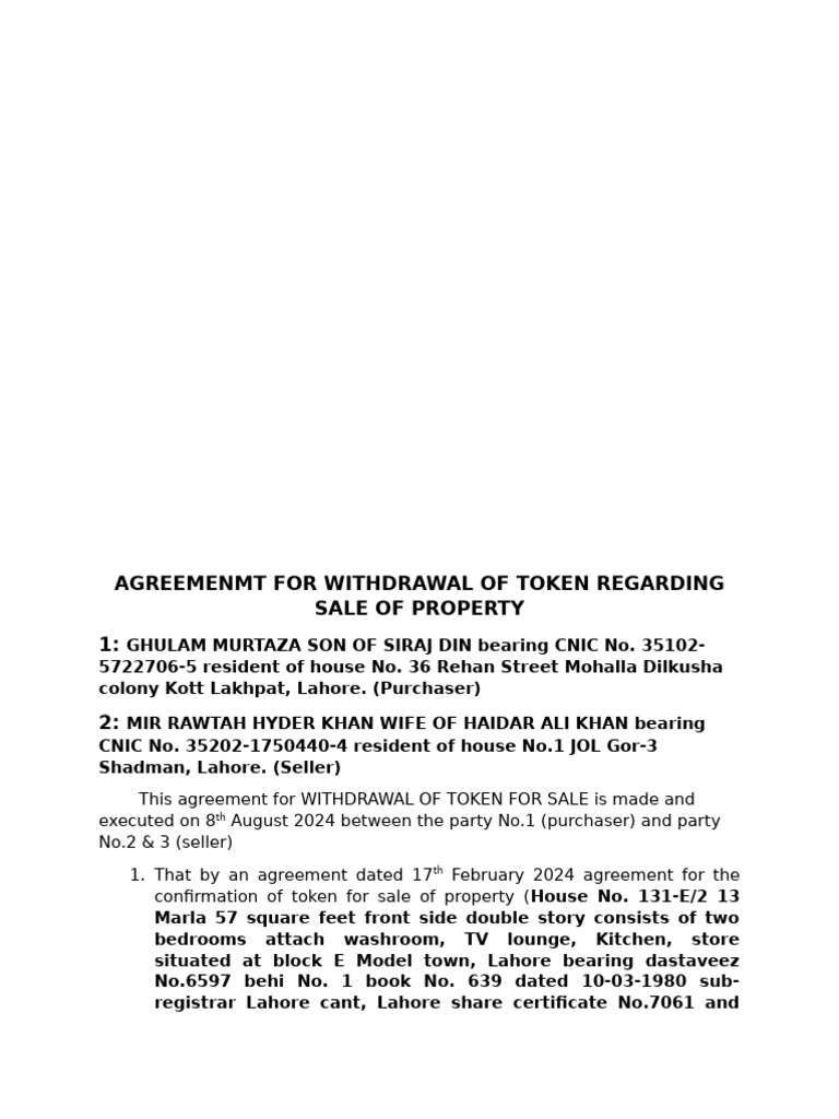 Withdrawal of Property Sale Token Agreement | PDF | Civil Law (Common ...