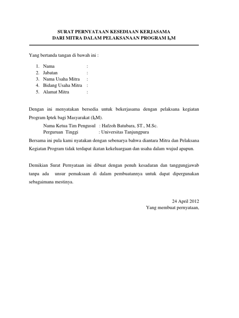 Surat Pernyataan Kesediaan Kerjasama Surat Pernyataan Kesediaan Kerjasama
