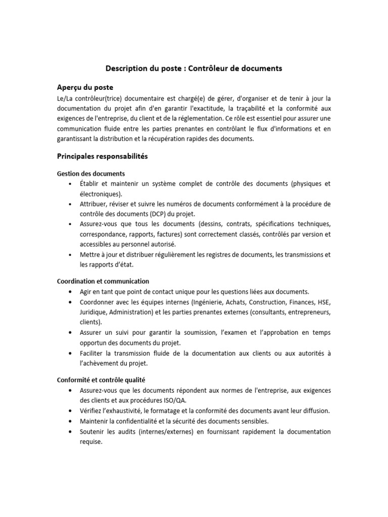Fiche de poste : Contrôleur documentaire | PDF | Microsoft Office ...
