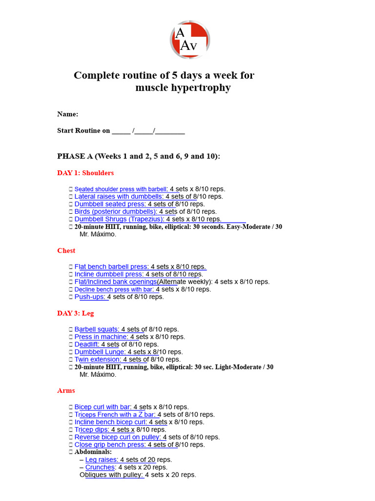 Complete Routine Five Days A Week For Muscle Hypertrophy 1 | PDF ...