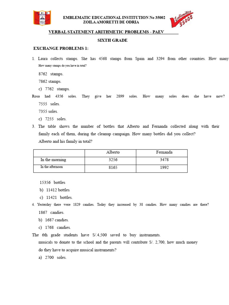 Verbal Statement Arithmetic Problems | PDF | Arithmetic