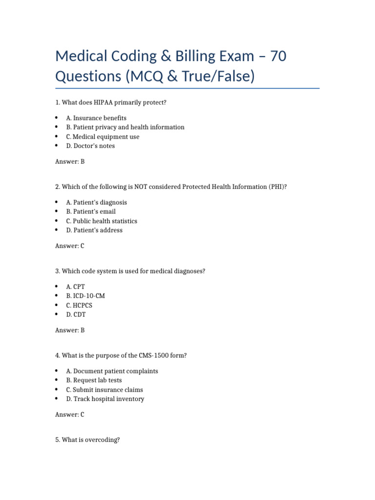 Medical Coding & Billing Exam Questions | PDF | Health Insurance ...