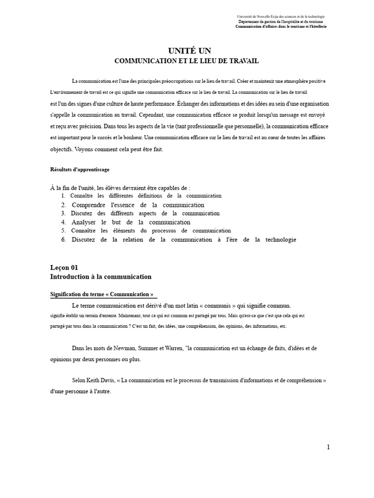Communication efficace en hôtellerie | PDF | Gestion des ressources ...