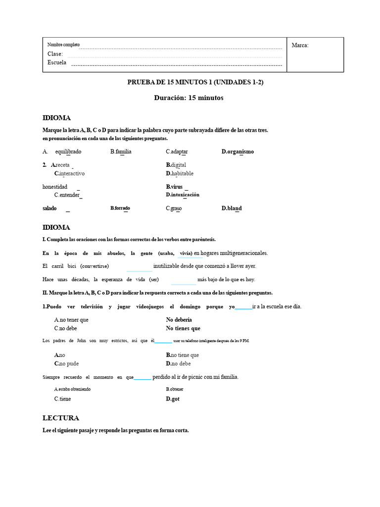 Prueba de 15 Minutos 1 (Unidades 1-2) Éxito Global 11 | PDF