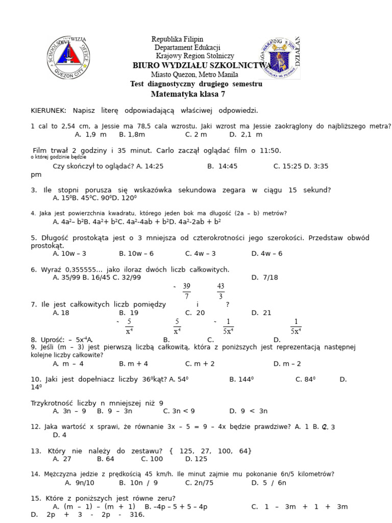 Diagnostyczny Test Semestralny Dla Klasy 7 | PDF