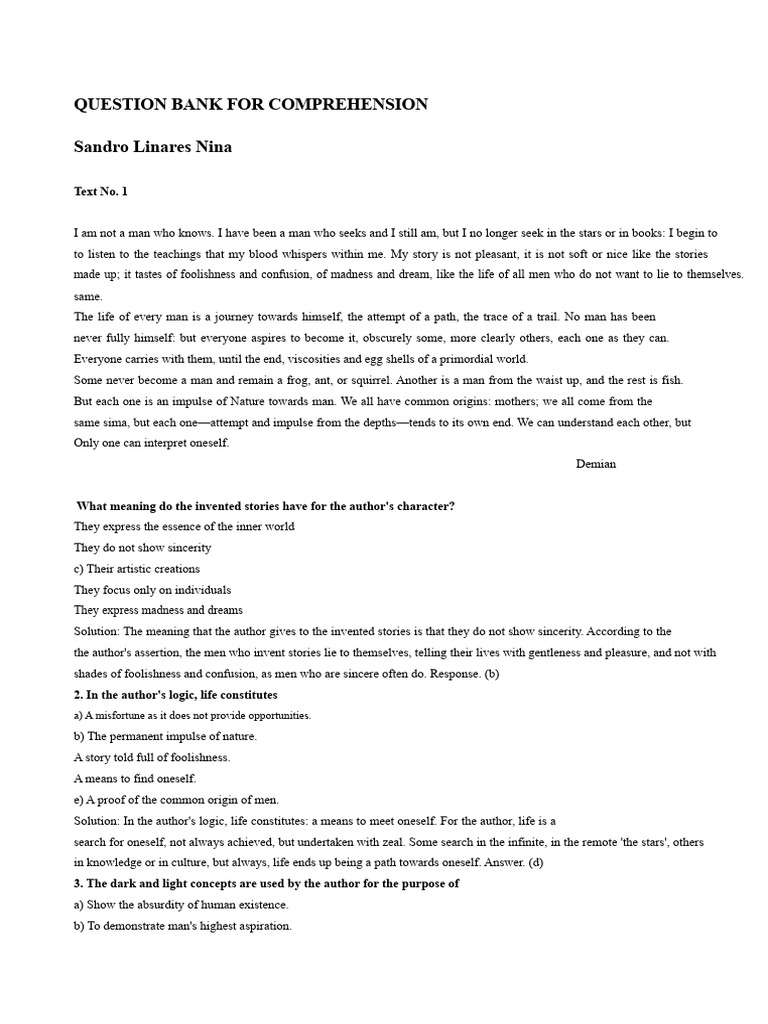 Question Bank For Comprehension | PDF | Teachers | Destiny