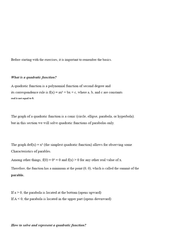Exercises On The Quadratic Function - Superprof | PDF | Function ...