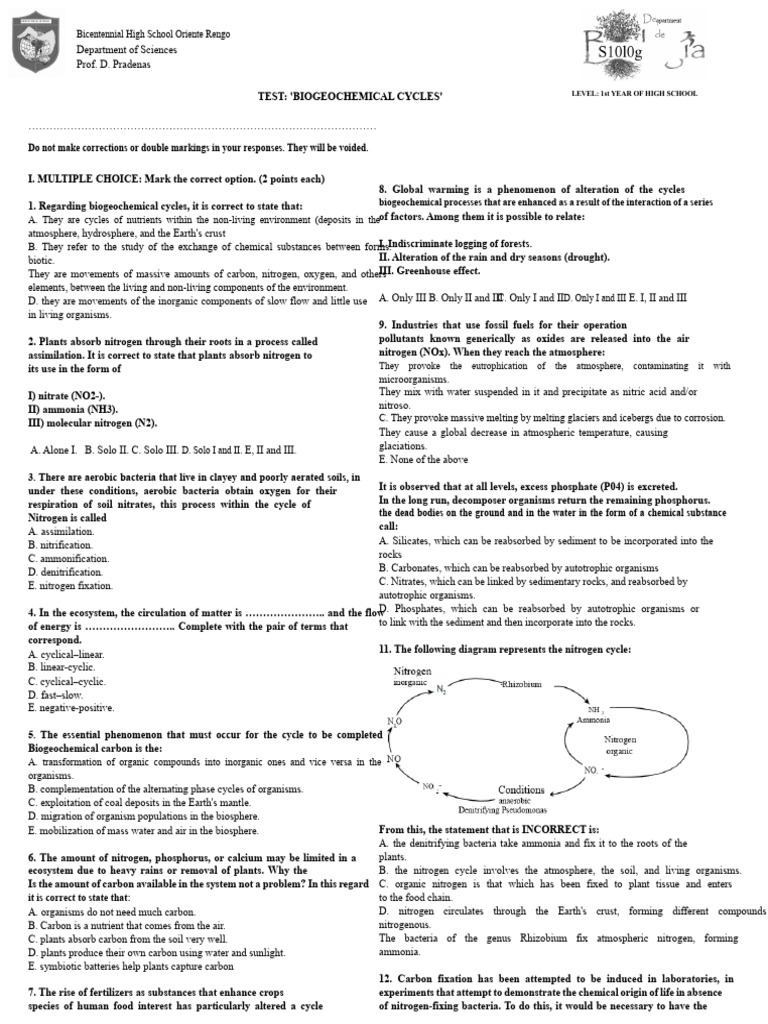 Biogeochemical Cycles Test for High School | PDF | Ecosystem | Soil