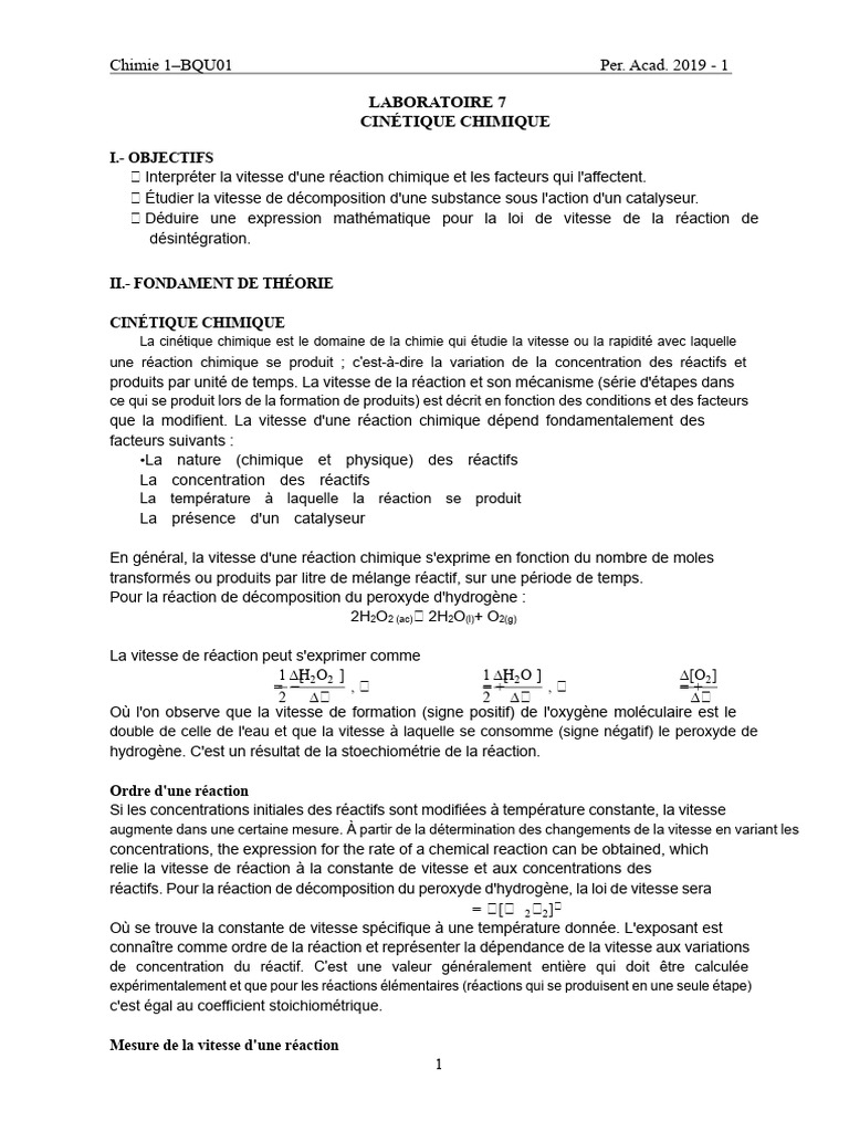 Cinétique chimique : étude de la vitesse de réaction | PDF | Cinétique ...