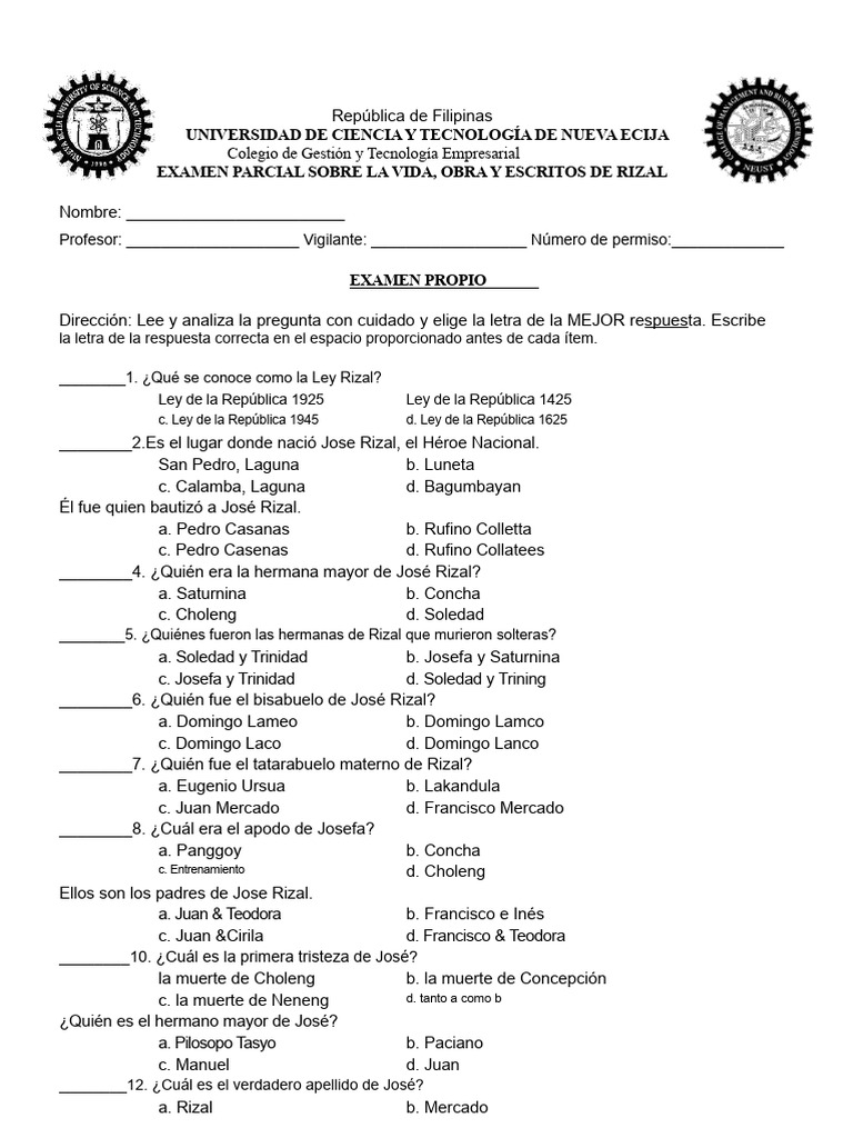 Examen de Medio Término en Rizal | PDF