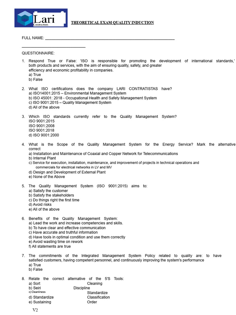 ISO Quality Management Exam Questionnaire | PDF | Quality Management ...