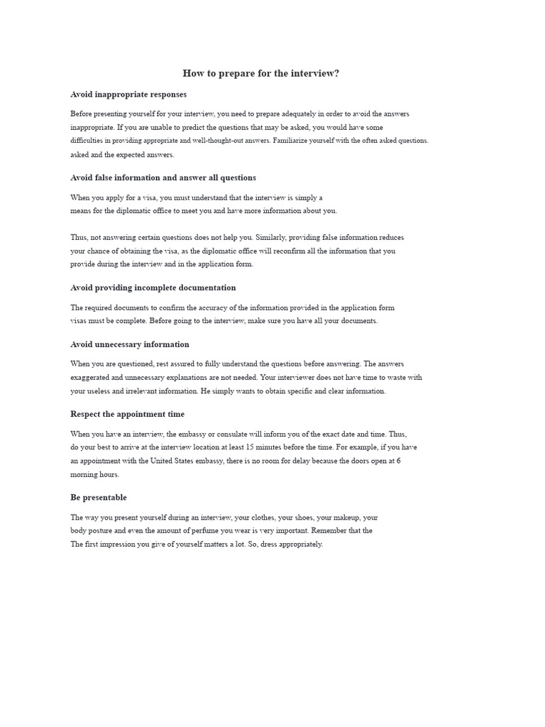 Prepare For The Visa Interview | PDF | Cost Of Living | Travel Visa