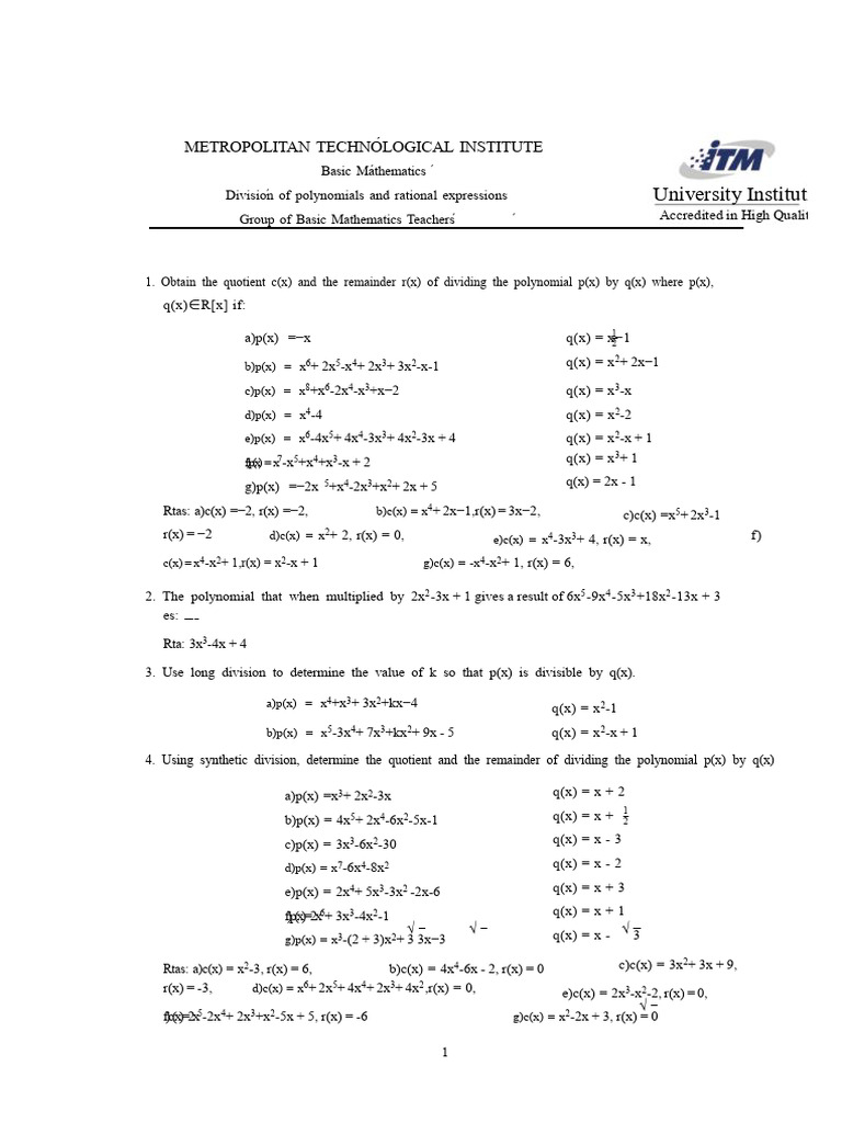Polynomial Division and Expressions Guide | PDF | Polynomial ...