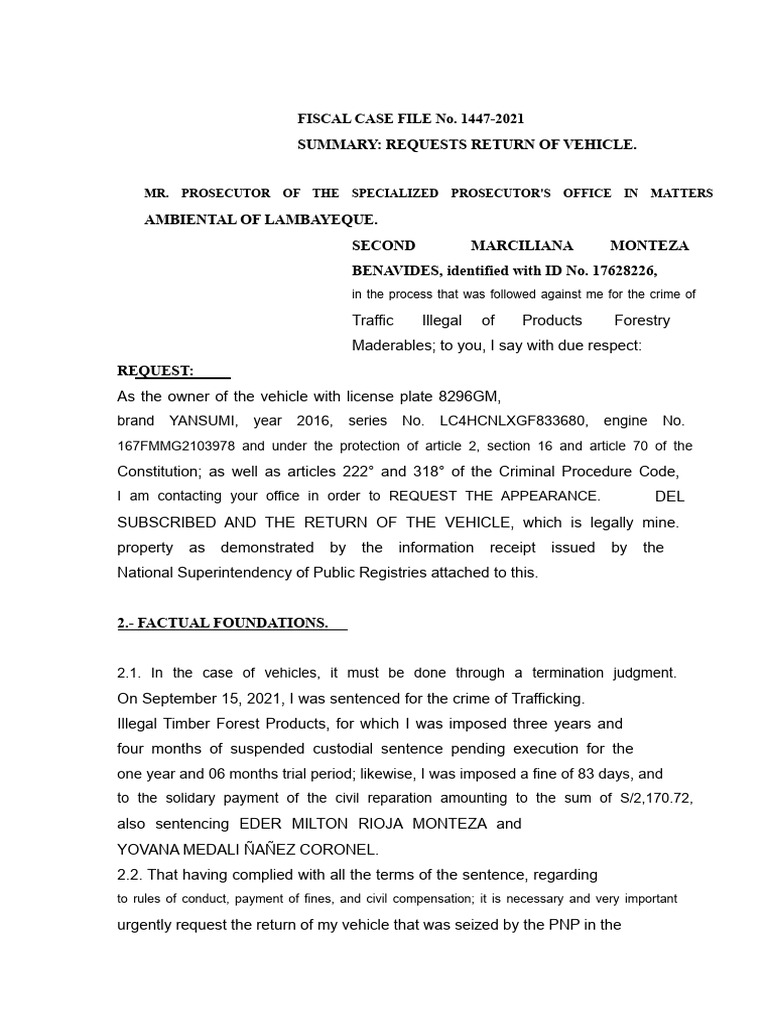 Request For Vehicle Return | PDF | Prosecutor | Criminal Procedure In ...