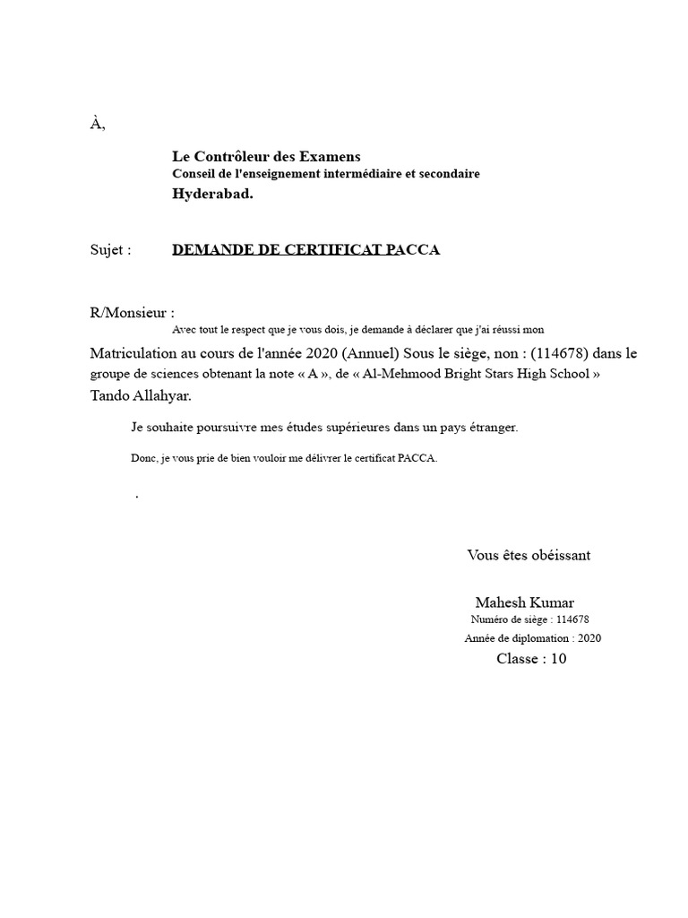Demande de certificat PACCA 2020 | PDF